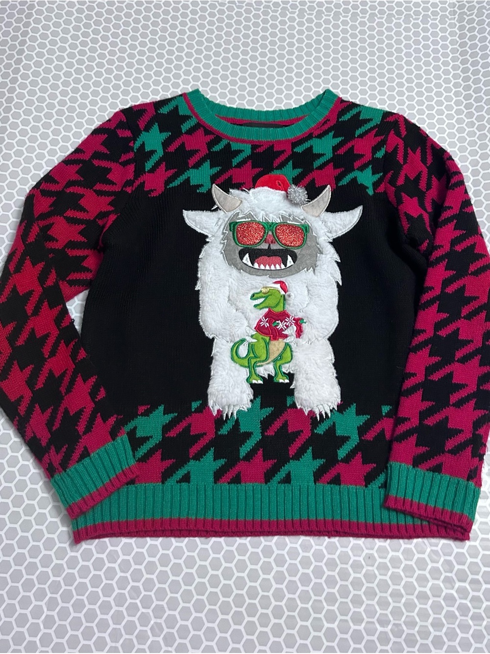 UGLY SWEATER  Black Monster Sweater Green & Pink Houndstooth.   YOUTH M 10/12